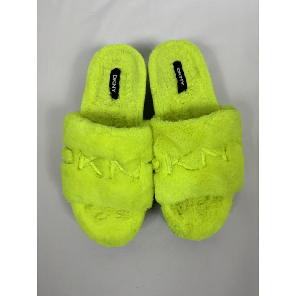 DKNY Faux Fur Platform Slides Citron Flourscent Yellow 8.5 Flatforms